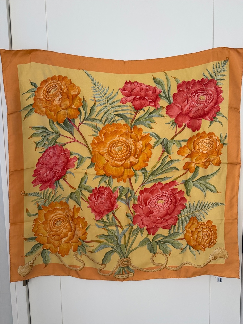 Ferragamo Orange Red Yellow Floral Print Silk Scarf
